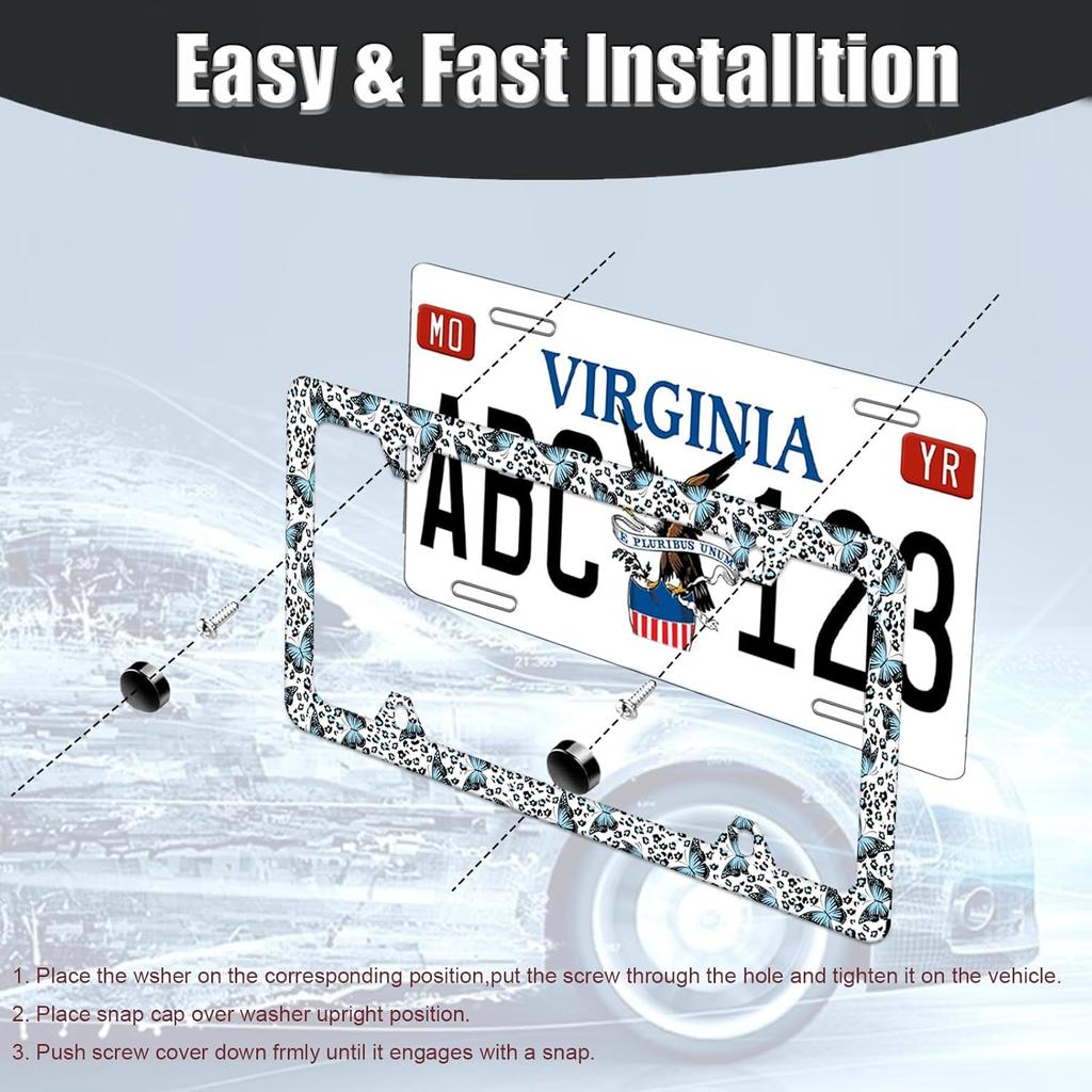 Blue Butterflies Leopard Print Cute License Plate Frames 4 Holes, Stainless Steel Personalized License Plate Cover Holder Car Accessories Decor With