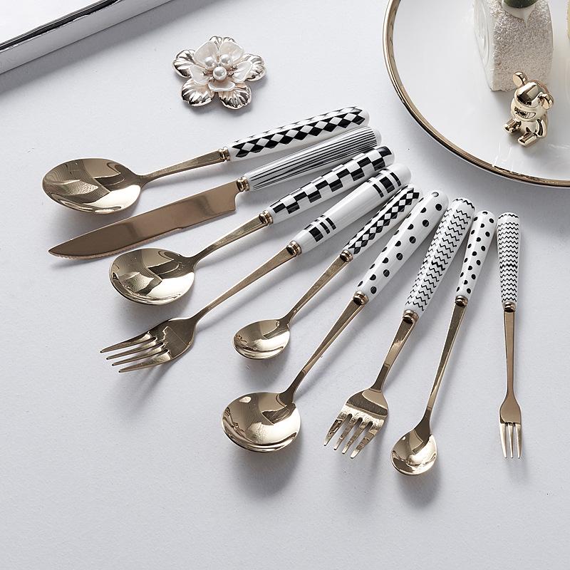 Minimalistyczny Ceramiczny Zestaw Noża do Steków, Widelca i Łyżki ze Stali Nierdzewnej - Kreatywna Zachodnia Zastawa Stołowa