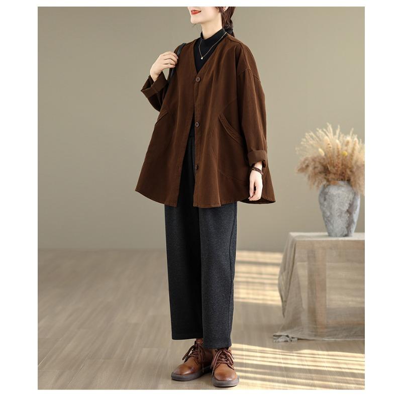 DIMANAF New Plus Size Autumn Women Coat Basic Long Sleeve Jackets Vintage Casual Loose Outerwear Cotton