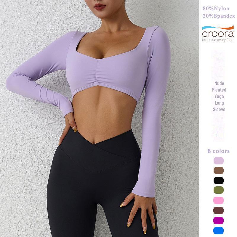 Европейский и американский телесный топ с длинными рукавами и складками для йоги и фитнеса для женщин S 48-55 kg 1898₽