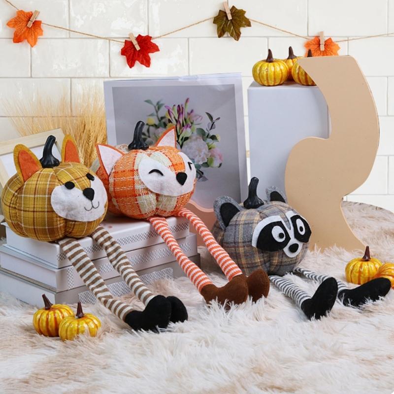 Stuffed Pumpkin Doll with Dangling Legs Thanksgiving Stuffed Toy Multiple Color Desk Home Figures Display Decorations