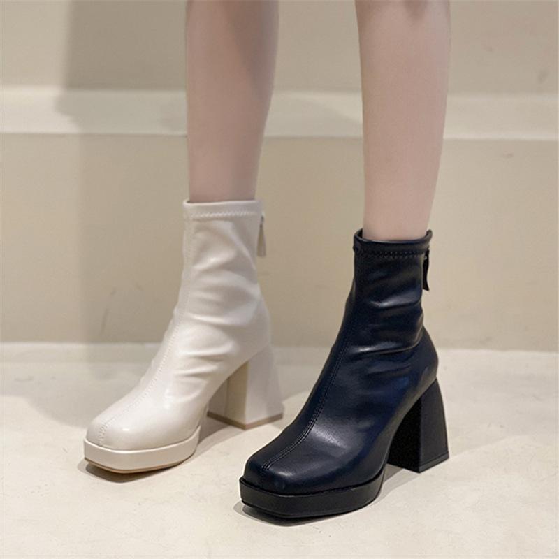 Martin Boots Women's Autumn and Winter Square Head European and American Retro High Heel Thick Heel Rear Zipper Thin Short Boots Increase Height
