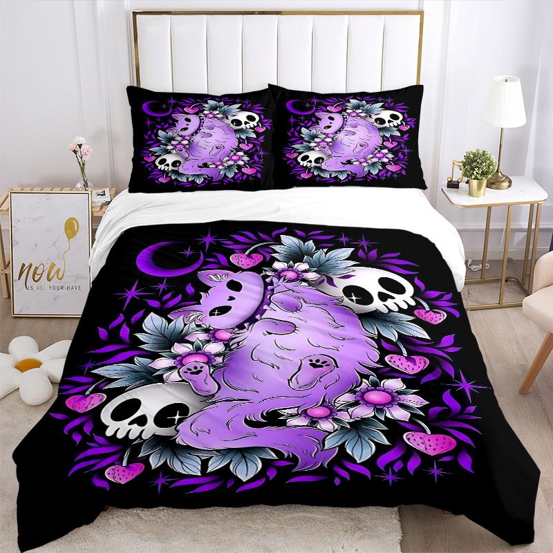 3pcs Pastel Cat and Skulls Printed Quilt Set - Soft and Comfortable Quilt Cover for Bedroom, Guest Room and Dormitory Decorative Bedding Set