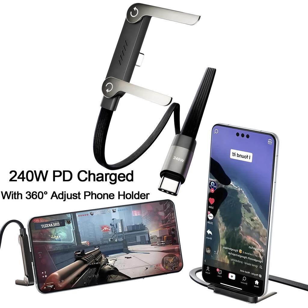 2-in-1 PD Fast Charging Cable Foldable Phone Holder Charger Cord for iPhone Samsung Xiaomi Tablet Laptop + 6A Type-C To USB OTG