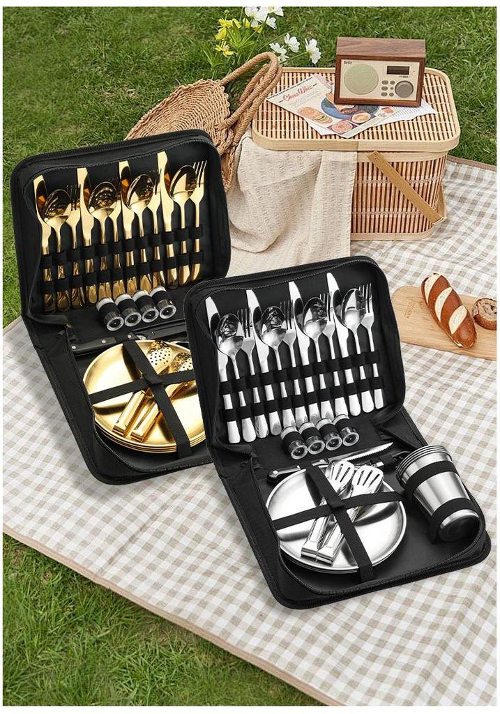 Stainless Steel Camping Cutlery Set: Knife, Fork, Spoon, Plate, Cup with Cloth Bag for Outdoor Use