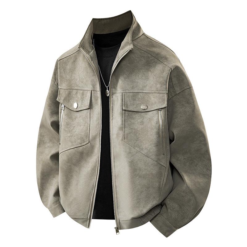 Men's Gray PU Leather Stand Collar Retro Workwear Jacket for Spring/Autumn