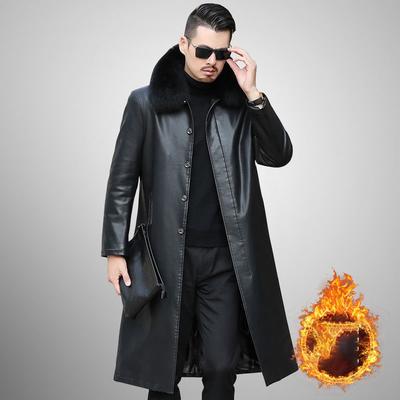 Men's Lapel Fur One-piece Mid-length Artificial Leather Jacket, Thickened Knee-length Warm Artificial Leather Coat