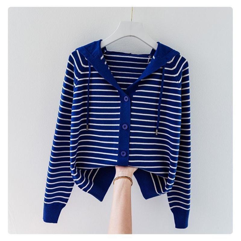 

Новый кардиган-свитер с капюшоном, модный, свободный, в полоску, повседневный топ M синий