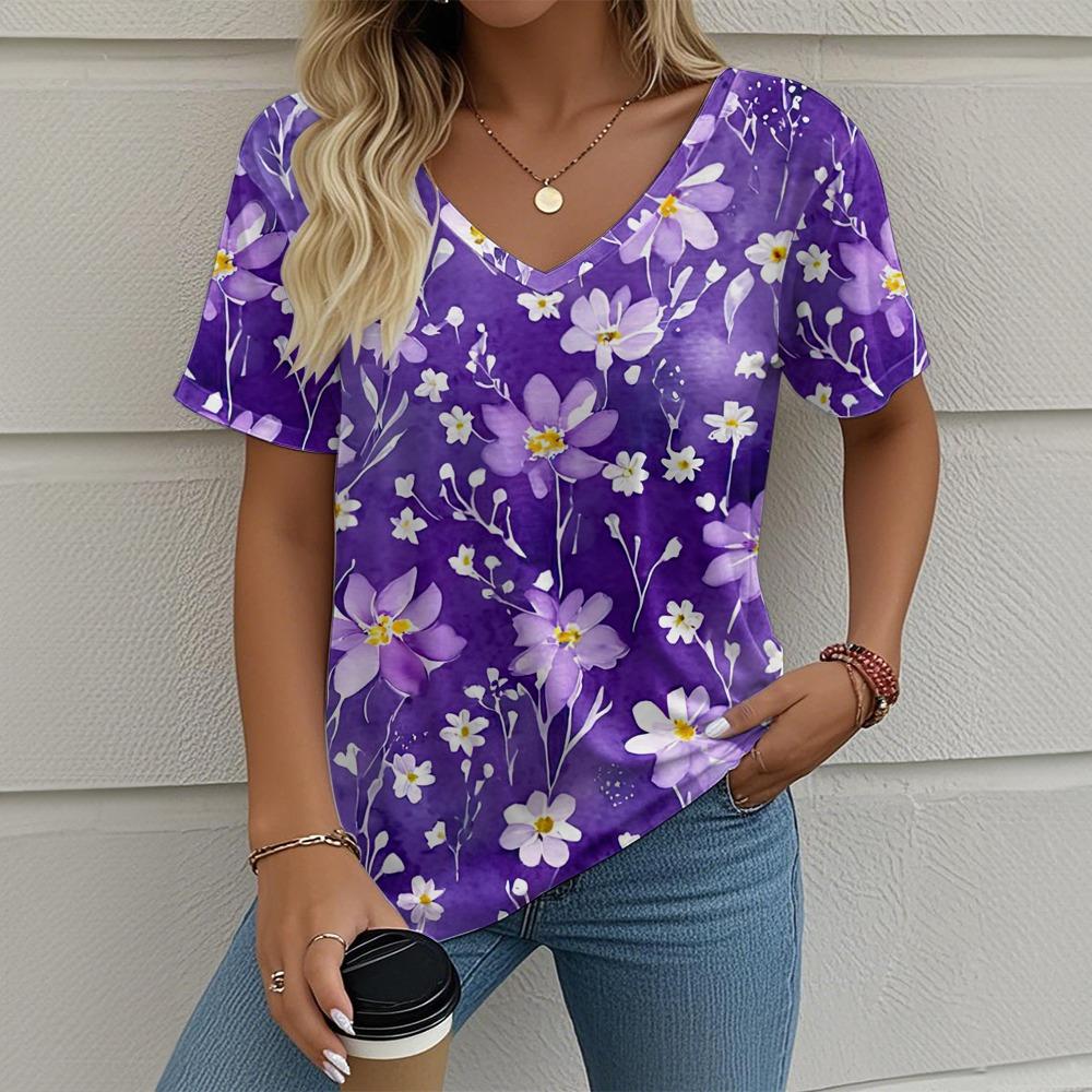 Women's Summer T-shirt Plant Flower Print Retro Fashion Casual Short-sleeved Street V-neck Women's Clothing