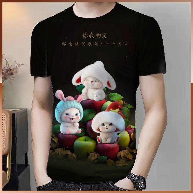 

Летняя популярная короткая футболка с изображением кролика и яблока, мужская модная 3D-печатная футболка с круглым вырезом, быстросохнущая, дышащая 6XL