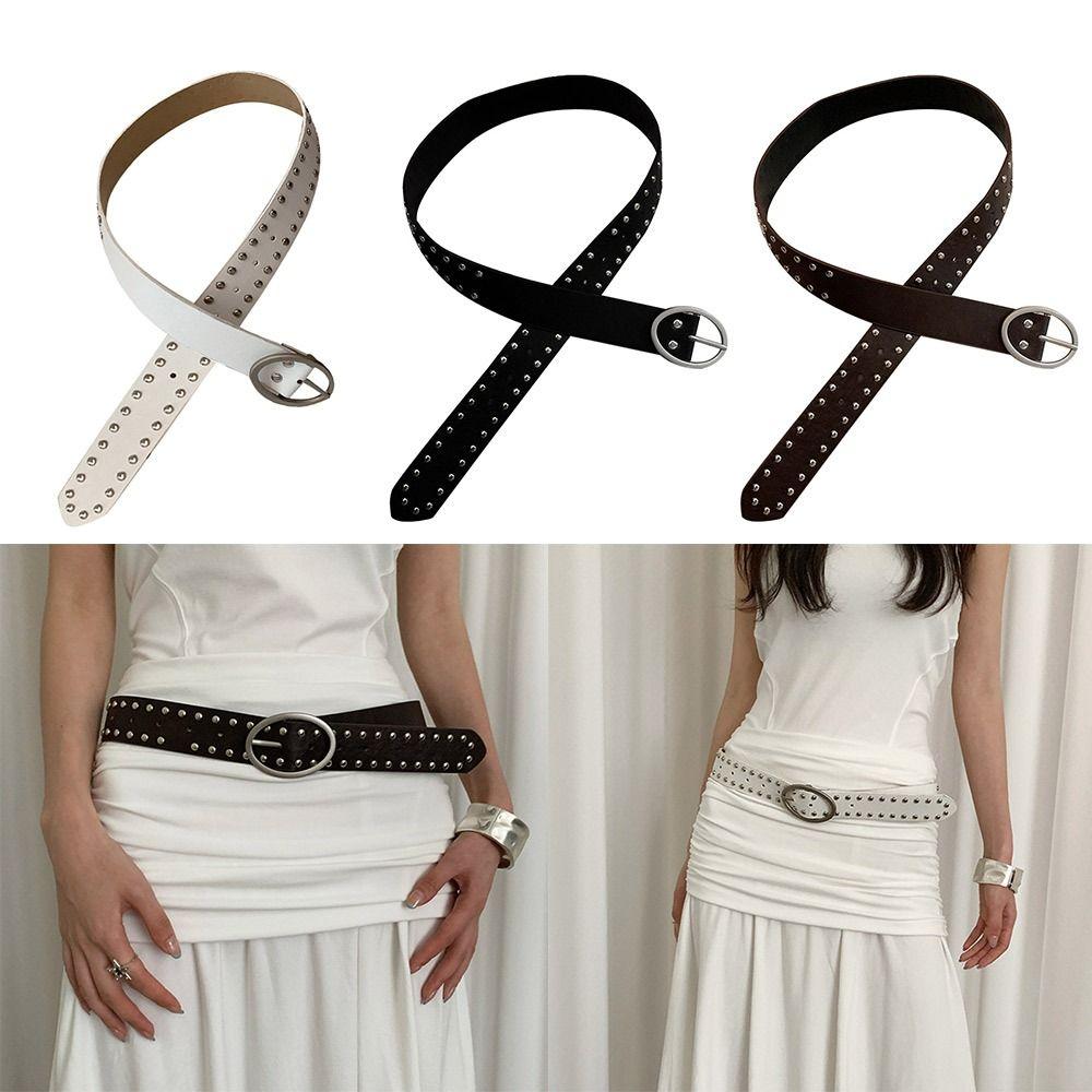 Alloy Buckle Y2K Belt Pu Leather Skinny Waist Straps Retro Bohemian Rivet Belt  Women
