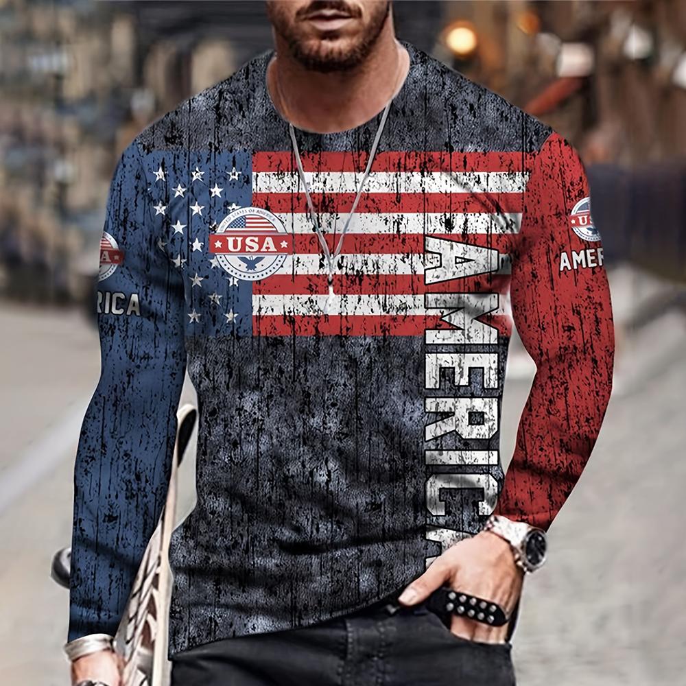 Vintage Men's T Shirt Long Sleeve Fall Tops Broken Flag Pattern 3D Printed War T Shirt Oversized Loose Street Sportswear Xs-7Xl
