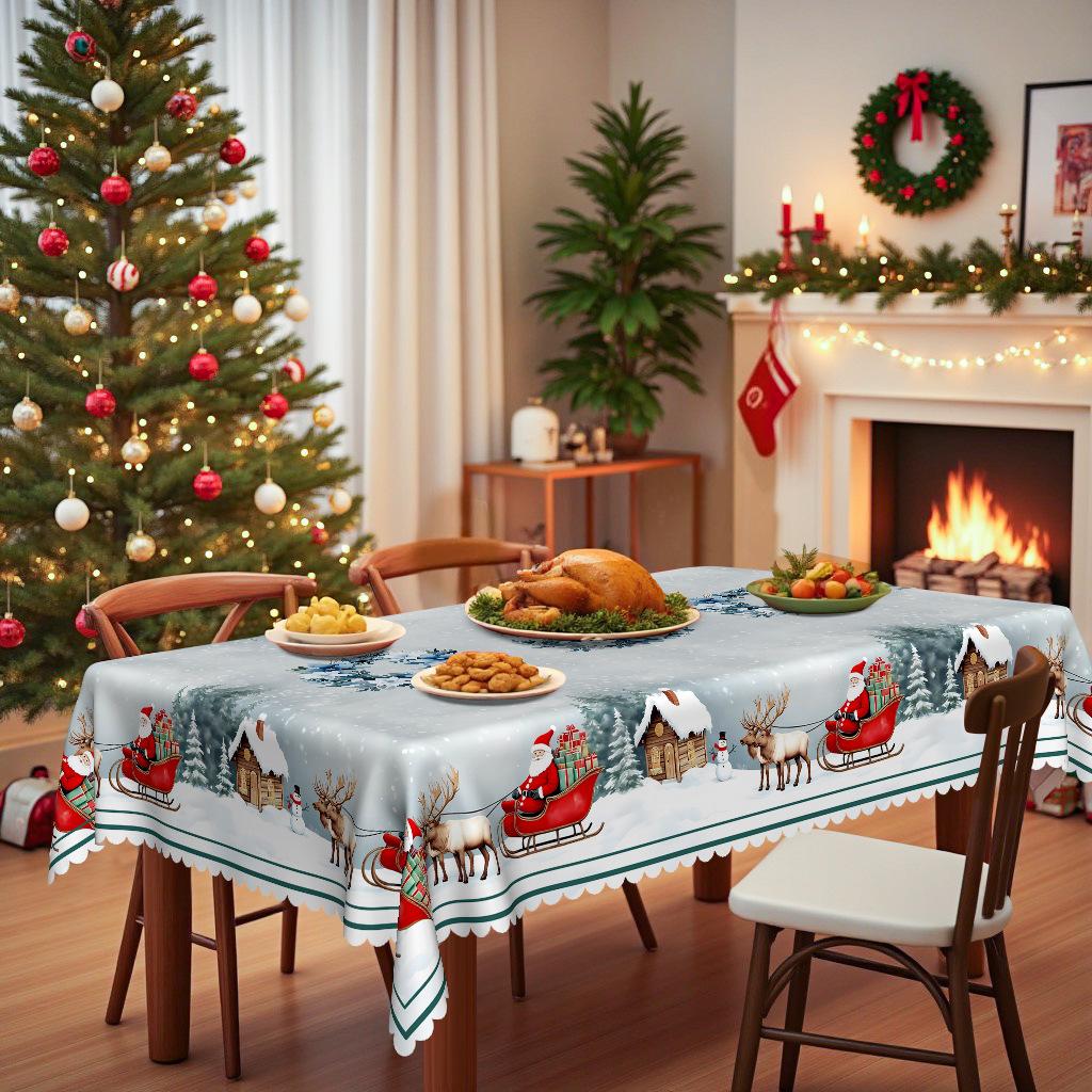 Christmas Tablecloth Snowflake Elk Reindeer Igloo, European Round Tablecloth Waterproof Leave-In, Household Dining Table Decorative Cloth