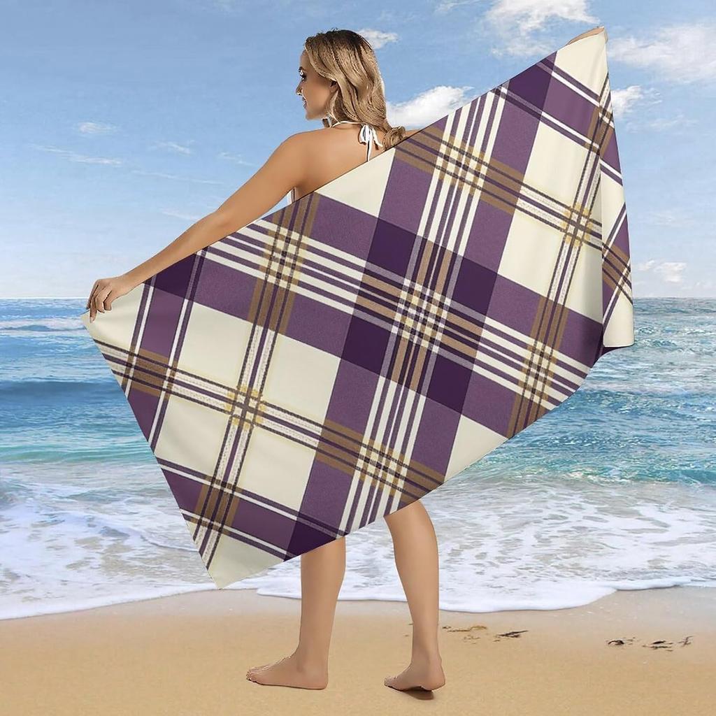 Purple White Plaid Beach Towels Oversized Sand Free Microfiber Towel Quick Dry Ultra Absorbent Bath Towel Lightweight Travel