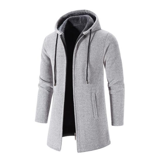 Men Knitting Coat Hooded Drawstring Long Sleeve Solid Color Jacket Zipper Placket Mid-length Warm Winter Jacket