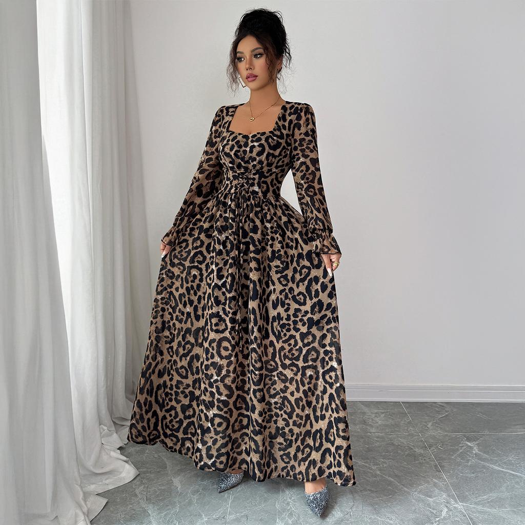 Cross-border European and American elegant leopard print long sleeve and long skirt dress women's wear Autumn/Winter independent site