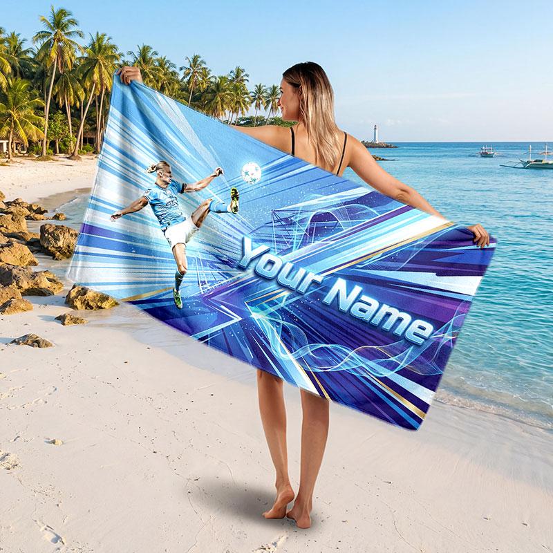Erling Haaland Custom Beach Towel, Personalized Name Text Print, Football Logo Soft Quick‑Dry Towel Holiday Gift