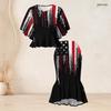 Women Plus Size Two Piece Skirt Set Round Neck Batwing Short Sleeve Floral Printed White Ruffle Hem Top Fishtail Skirt
