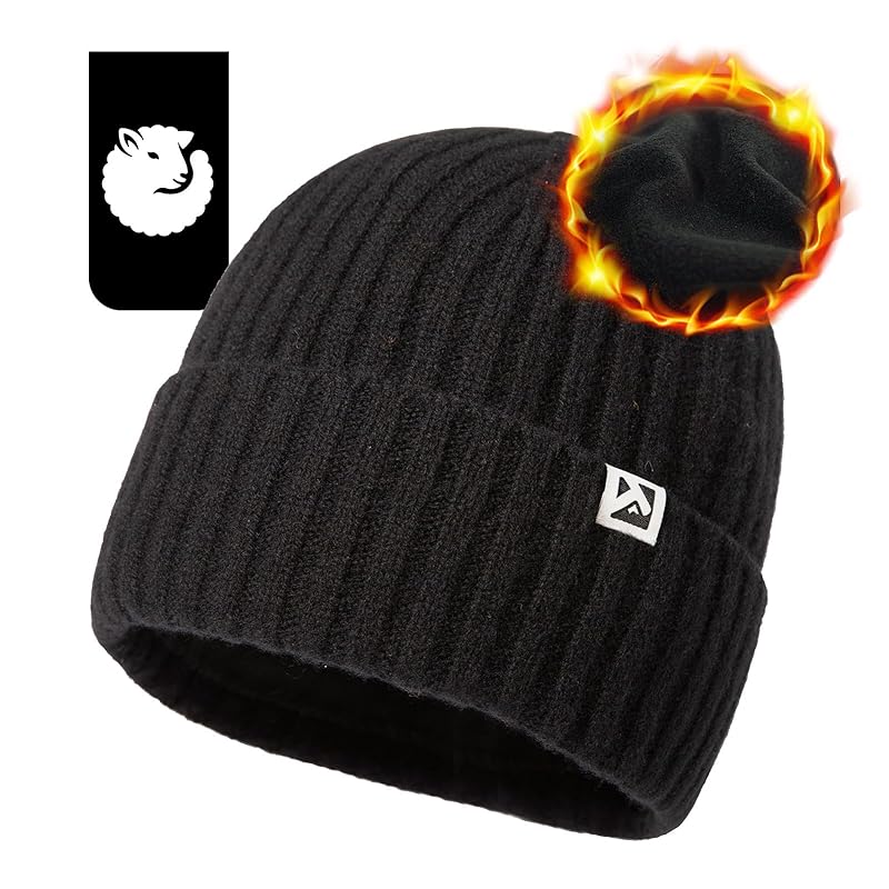 

[TOP-EX] black XL/XXL winter beanie 100% merino wool fleece lined knit cap for big head warm hat men s ladies Compatible with cold regions