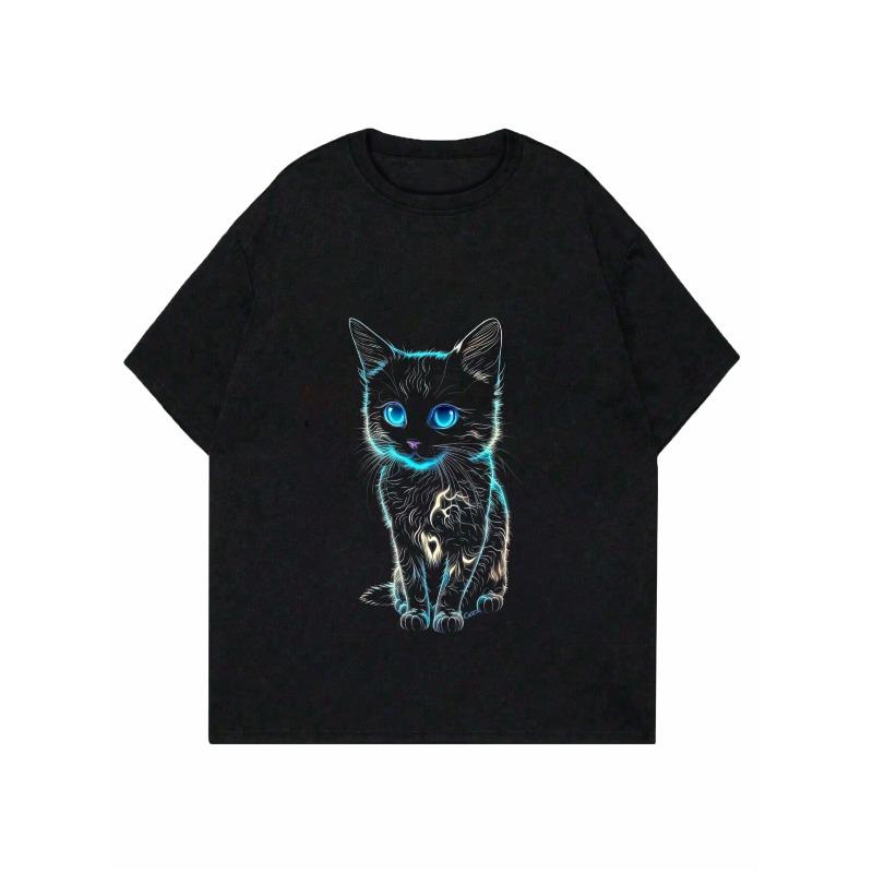 Black T Shirt Women Casual Loose Fit Graphic Print Cat With Blue Eyes And Neon Outline For Daily Wear And Street Style
