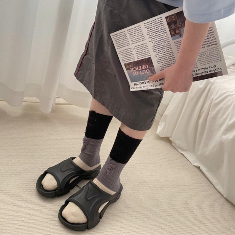 Women Men Ripped Destroyed Crew Socks Harajuku Personality Hollow-Out Holes Tassel Colorblock Cotton Calf High Socks