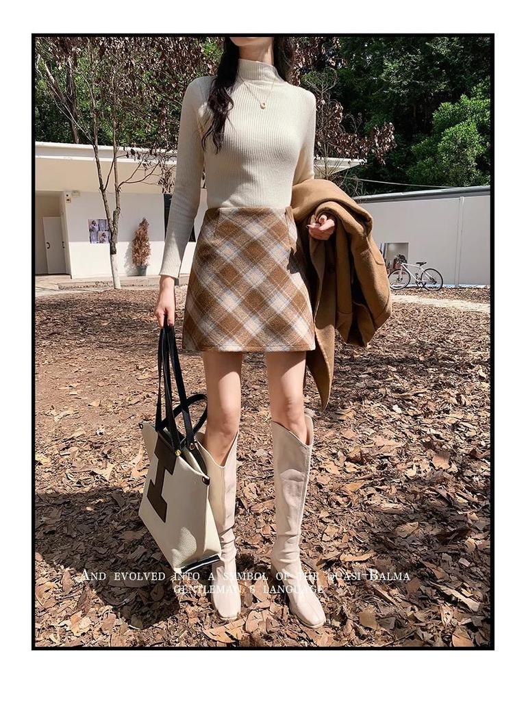 2025 Autumn/Winter Women's High-Waisted Plus Size Yellow Plaid Wool Mini Skirt