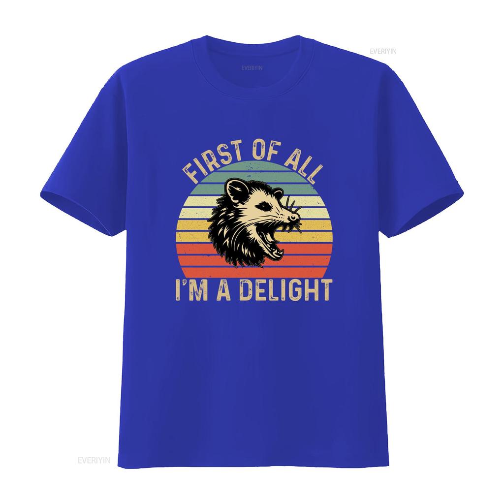 Retro Vintage Funny Opossum First Of All Im A Delight Slogan Sunset Print Casual T Shirt vintage Washed Slightly