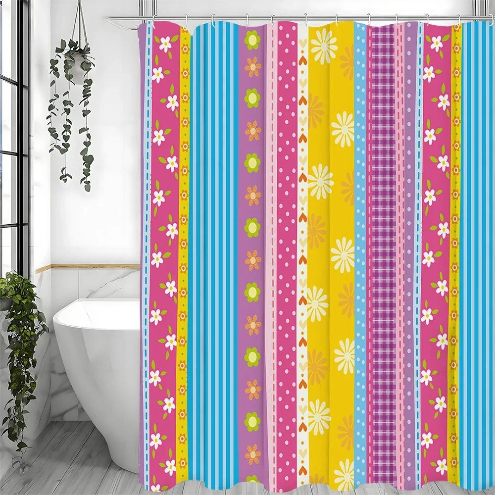 Colorful Striped Shower Curtain, Bathroom Decorative Shower Curtain, Waterproof Shower Curtain with Hooks 180x200cm