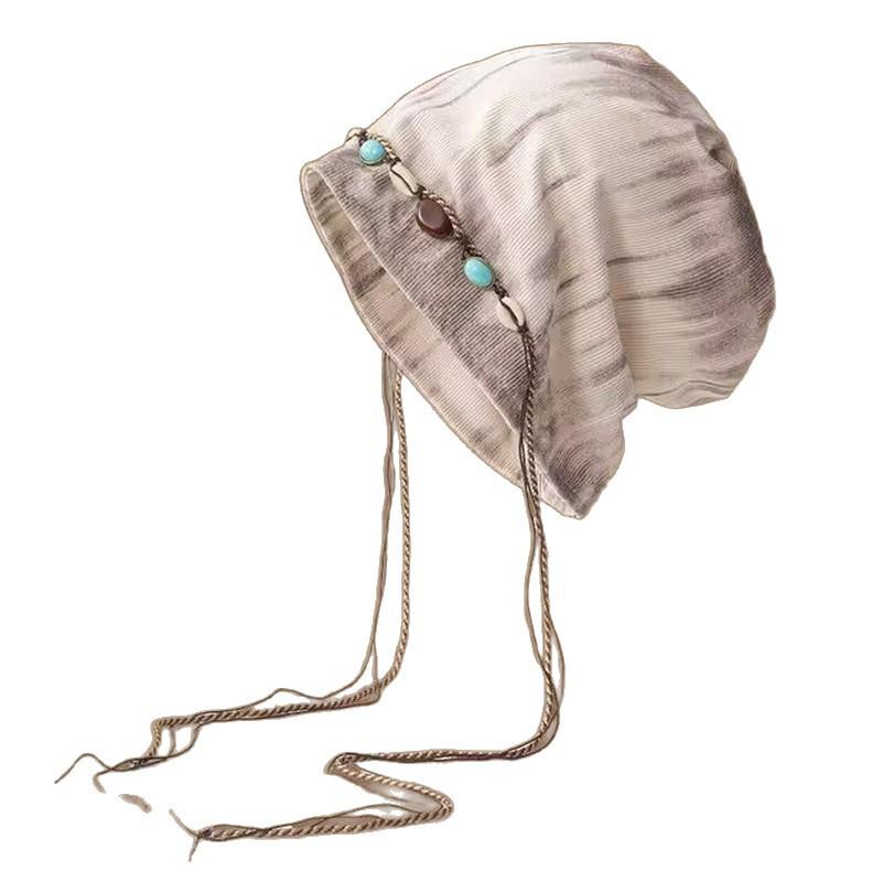 Tie Dyed Tassel Pile Hat for Women New Retro Beaded Face Showing Small Knitted Hat  Versatile Pullover Cold Hat Trend