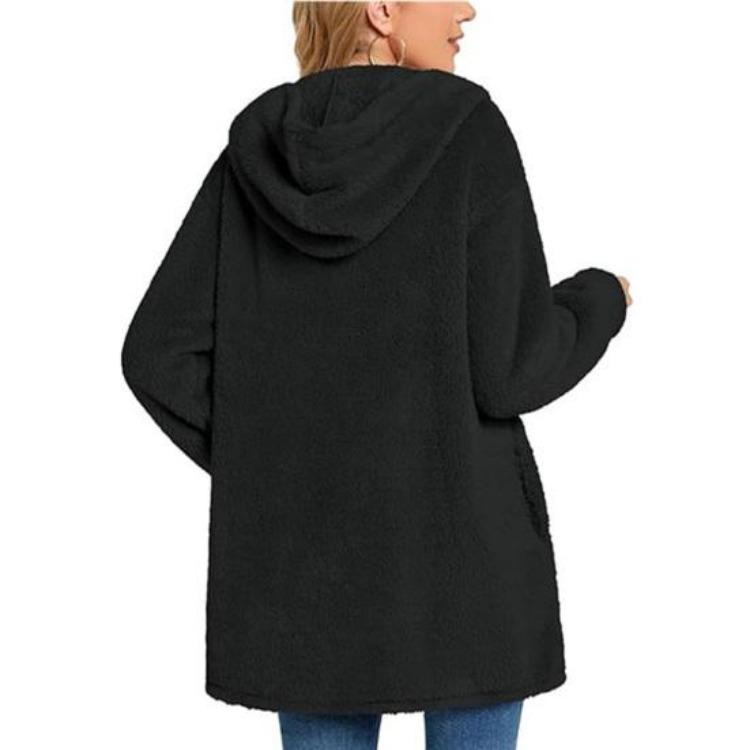 Manteau Long Décontracté en Polaire pour Femme Veste à Capuche Sherpa Oversize avec Poches Bouton Duvet Vêtement d'Extérieur Moelleux