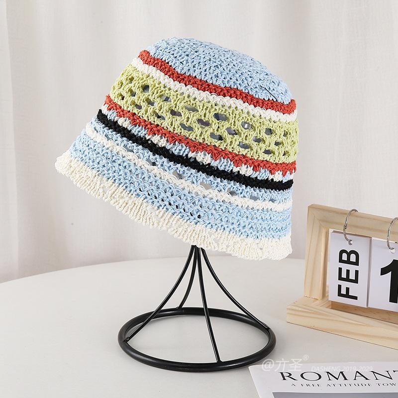

Летняя шляпа-ведро с цветной полосой, шляпа от солнца в японском стиле с цветными блоками, шляпа рыбака в стиле бохо, дорожная пляжная панама, кепка, подарок маме M 56-58cm небесно-голубой