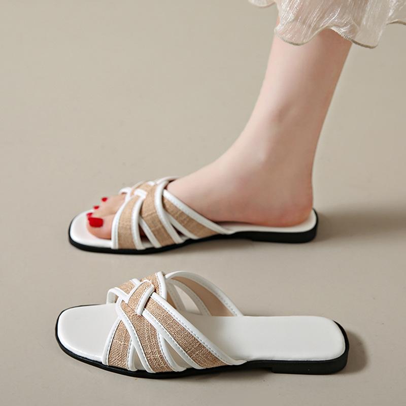 Flat-bottomed retro one-word slippers women's shoes new summer casual woven sandals beach sandals