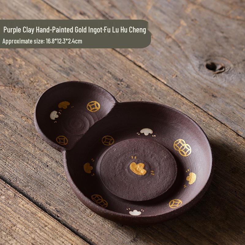 

Hand-Painted Purple Clay Tea Tray with Gold Ingot Design - Heat-Insulating Coaster for Tea Ceremony