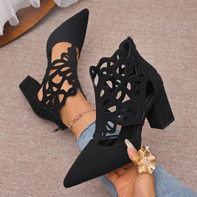 Summer new thick heel high heels women's fashion hollow zipper pointed sandals women's summer bag head cool boots
