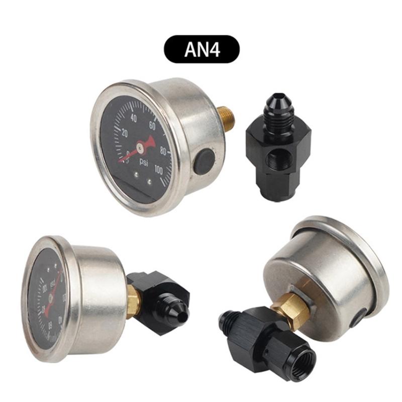 Fuel Pressure Gauge with 4AN Fuel Pressure Take Off Fitting, 0-100Psi, 1-1/2" Black Dial, 1/8"NPT Center Back Mount