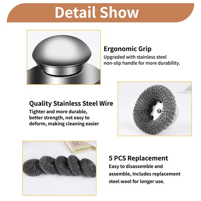 Practical-6Pcs Steel Wool Scrubber Set With Handle, Stainless Steel For Kitchen, Grill, Stoves - Includes 1 Scrubber And 5 Pads NONE