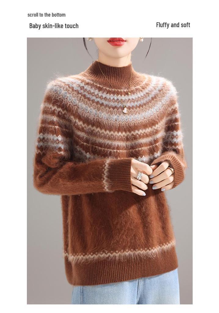 Women's Loose Fair Isle Brushed Wool Sweater - New Autumn/Winter Style with Thick Half-High Collar
