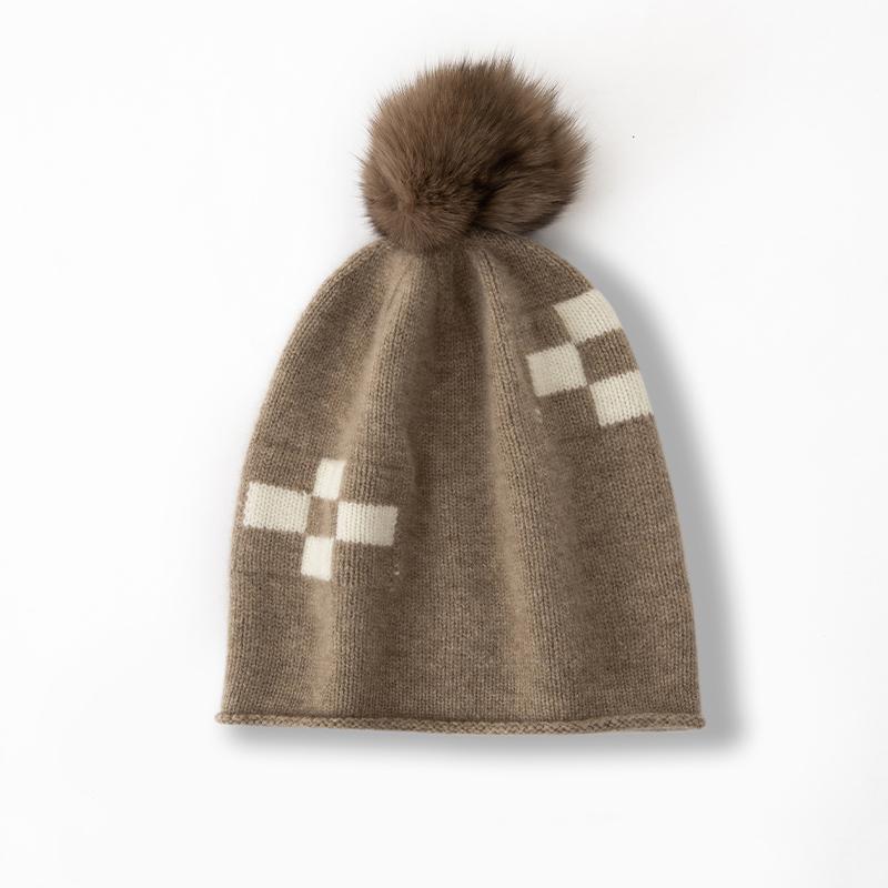 Women 100% Cashmere Beanie Hat Pom Pom Detail Mini Rolled Edge Knit Winter Warm Soft Slouchy Skullies Cap Cold Weather Accessory