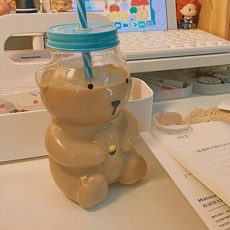 500ml Portable Cartoon Bear Transparent Bottles Cute Takeout Drink Containers For Bubble Tea Juice Party Supplies
