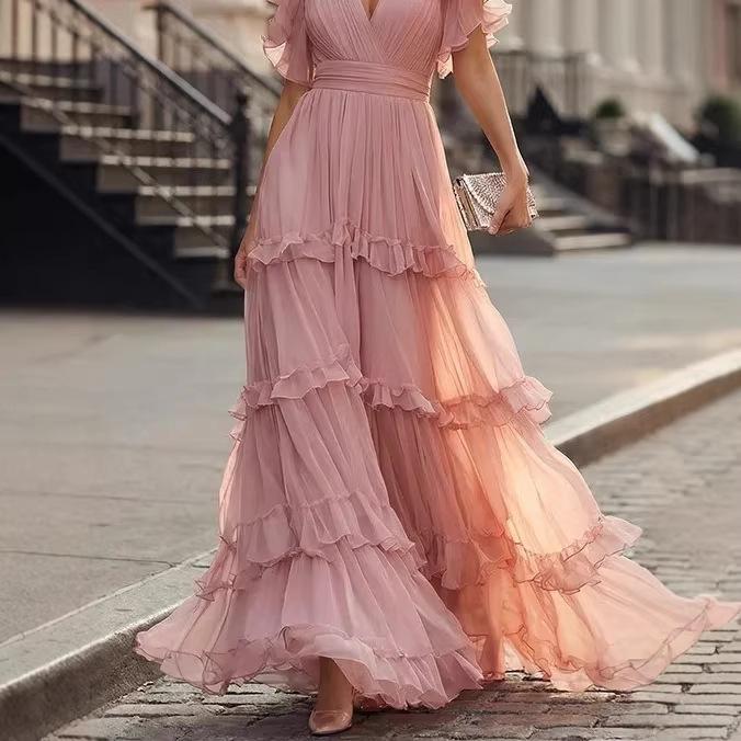 In Stock, European and American Style V-neck Ruffle Edge Pink Cake Long Dress Women's Waist Thin and Elegant Chiffon Dress