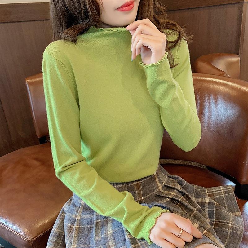 Semi-turtleneck fungus edge bottoming shirt women's early spring with candy-colored sweater knitted sweater top tide