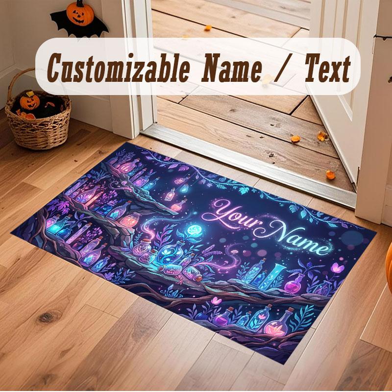 Mushroom Forest Theme Crystal Velvet Floor Rug Personalized Custom Name Text Warm Carpet Home Decoration
