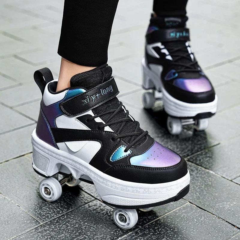 Scarpe da Pattinaggio a 4 Ruote Doppio Uso Pattini a Rotelle Doppia Fila Sneakers Casual da Uomo Donna Uomo Scarpe Sportive da Camminata Corsa