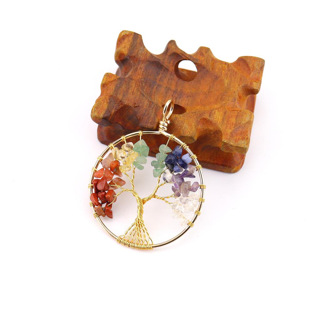 Rainbow Life Tree Pendant Necklace with Natural Crystal Crushed Stone Wire-Wrapped Design, N739.