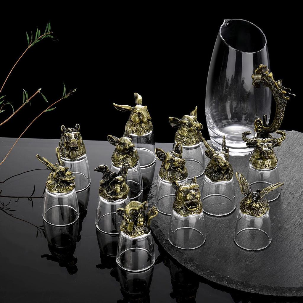 Chinese Zodiac Retro Wine Glass Set In Leather Case - Small White Glasses Gift Set