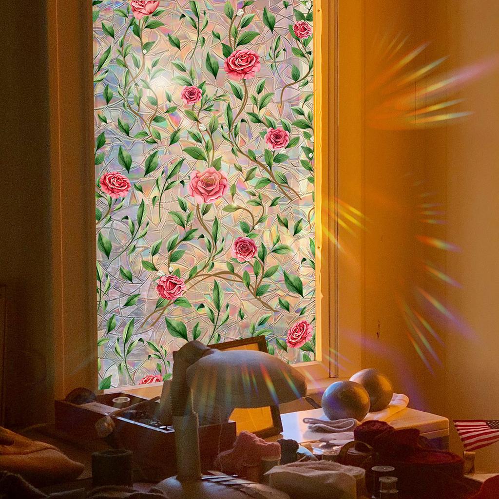 Xc9250 Green Plant Rose Vine Colorful Sunlight Electrostatic Sticker Double-Sided Visual Window Glass Decorative Sticker