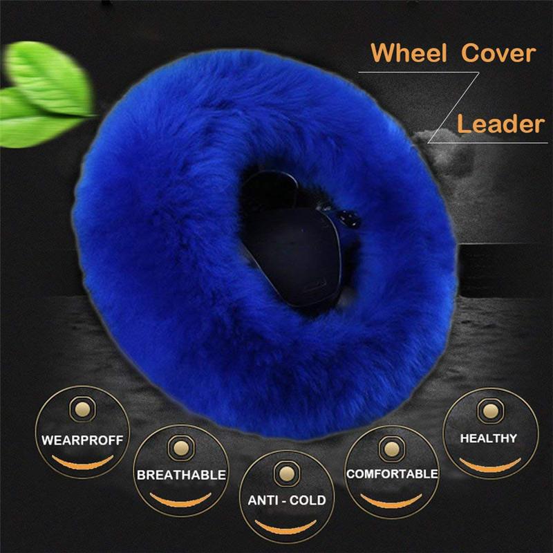 3pcs/Set High Quality Artificial Fur Car Auto Long Plush Warm Steering Wheel Handbrake Cover Blue