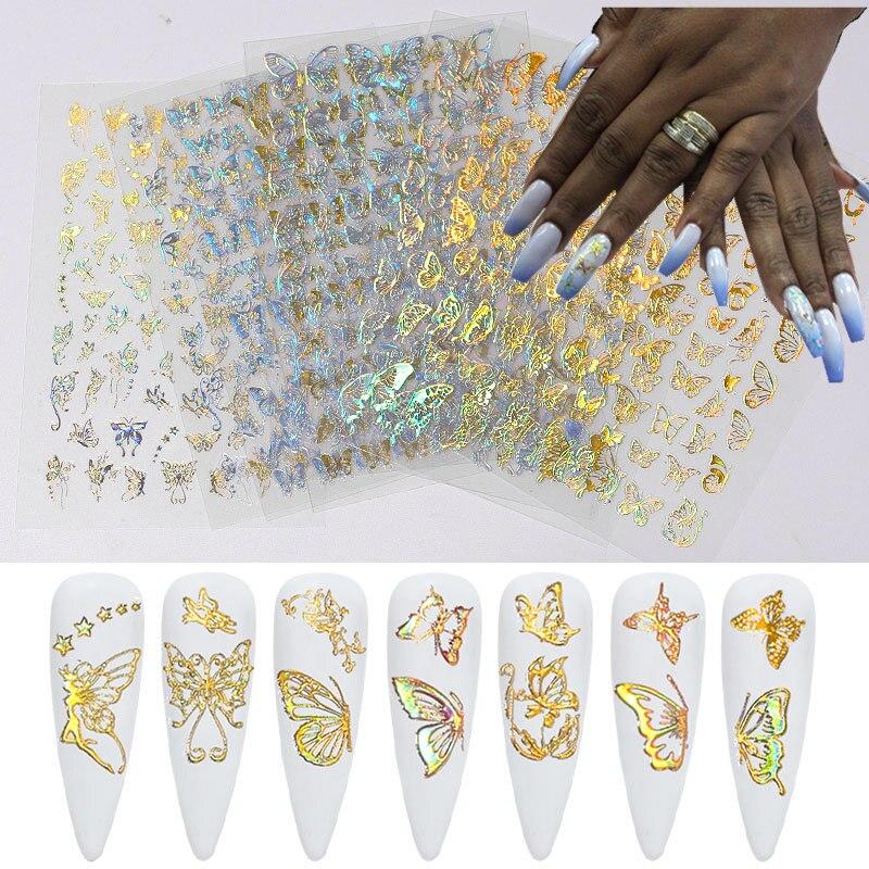4Sheets Holographic 3D Butterfly Nail Art Stickers Adhesive Sliders Colorful DIY Golden Nail Transfer Decals Foils Wraps Decorations