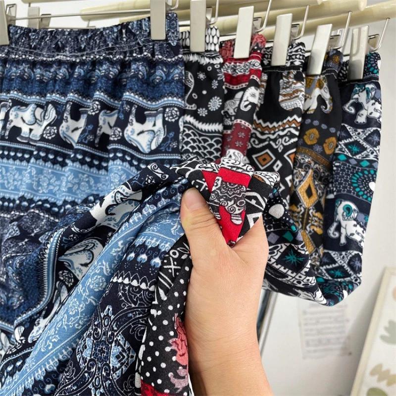 Elephant Pants Adjustable Elastic High Waistband Strap Loose Leg Unisex Man Women Print Thailand Casual Streetwear Beach Bohemian Retro Vintage
