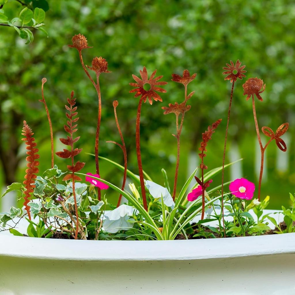 10Pcs Iron Art Rusty Flowers Wildflower Rustic Metal Floral Garden Decor Wildflowers Rusted Metal for Wedding Furniture Home Yard Farm Courtyard Decor